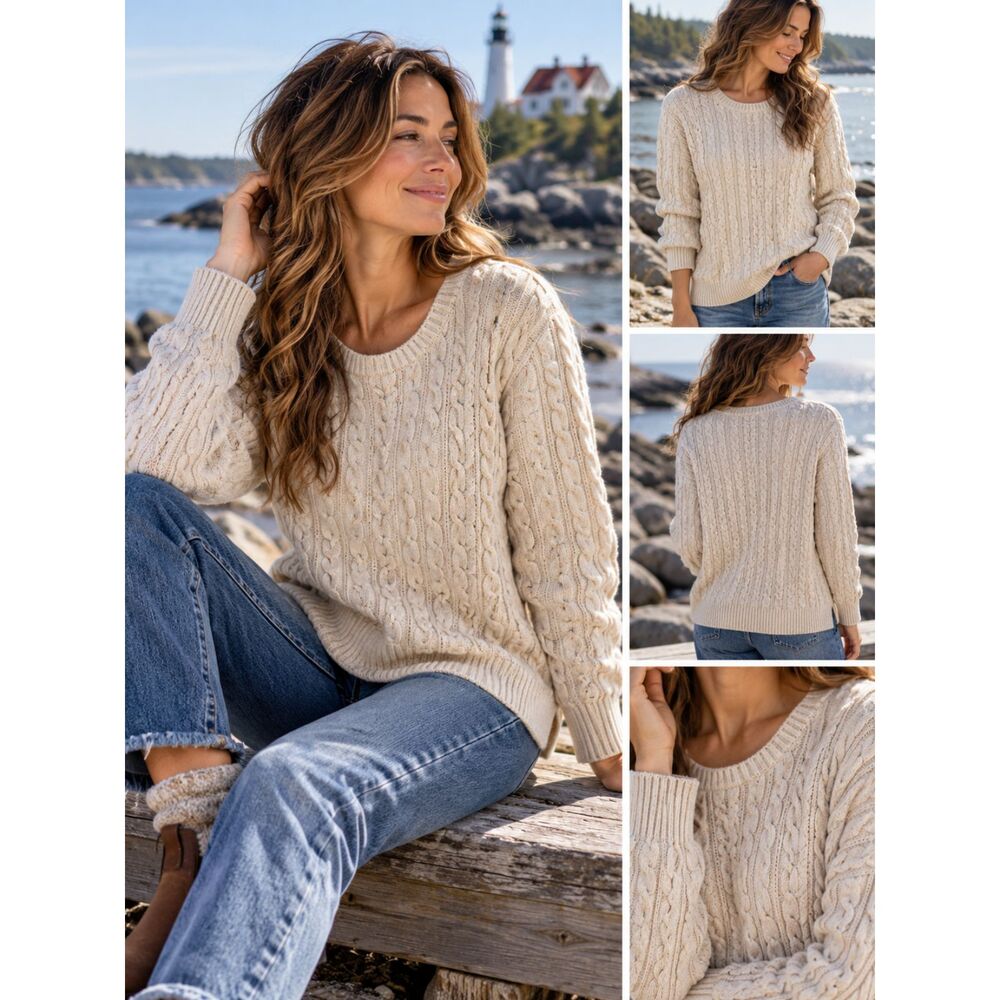 St. John’s Bay Fisherman Sweater XL Cream Cable Knit Cotton Blend Gold Thread